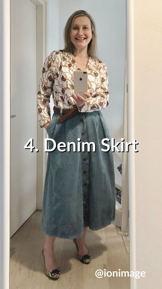 Wearing a printed shirt with a denim skirt