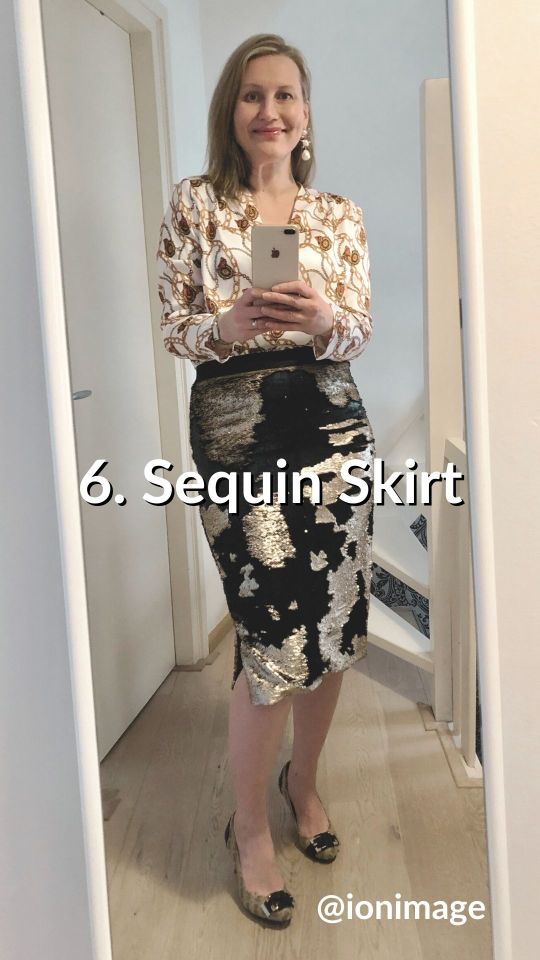 Wearing a chain blouse with a sequin skirt