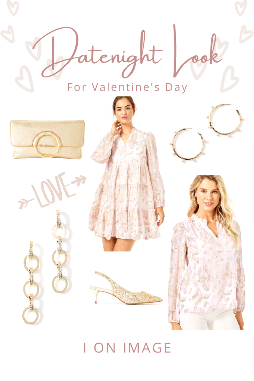 Celebrating Valentine's Day At Home in Gold and blush pink datenight look by Lilly Pulitzer