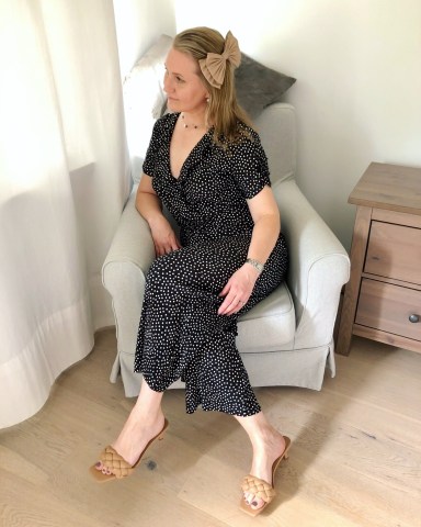 Frilly Polkadot Jumpsuit Teamed With Beige Braided Kitten Heel Sandals